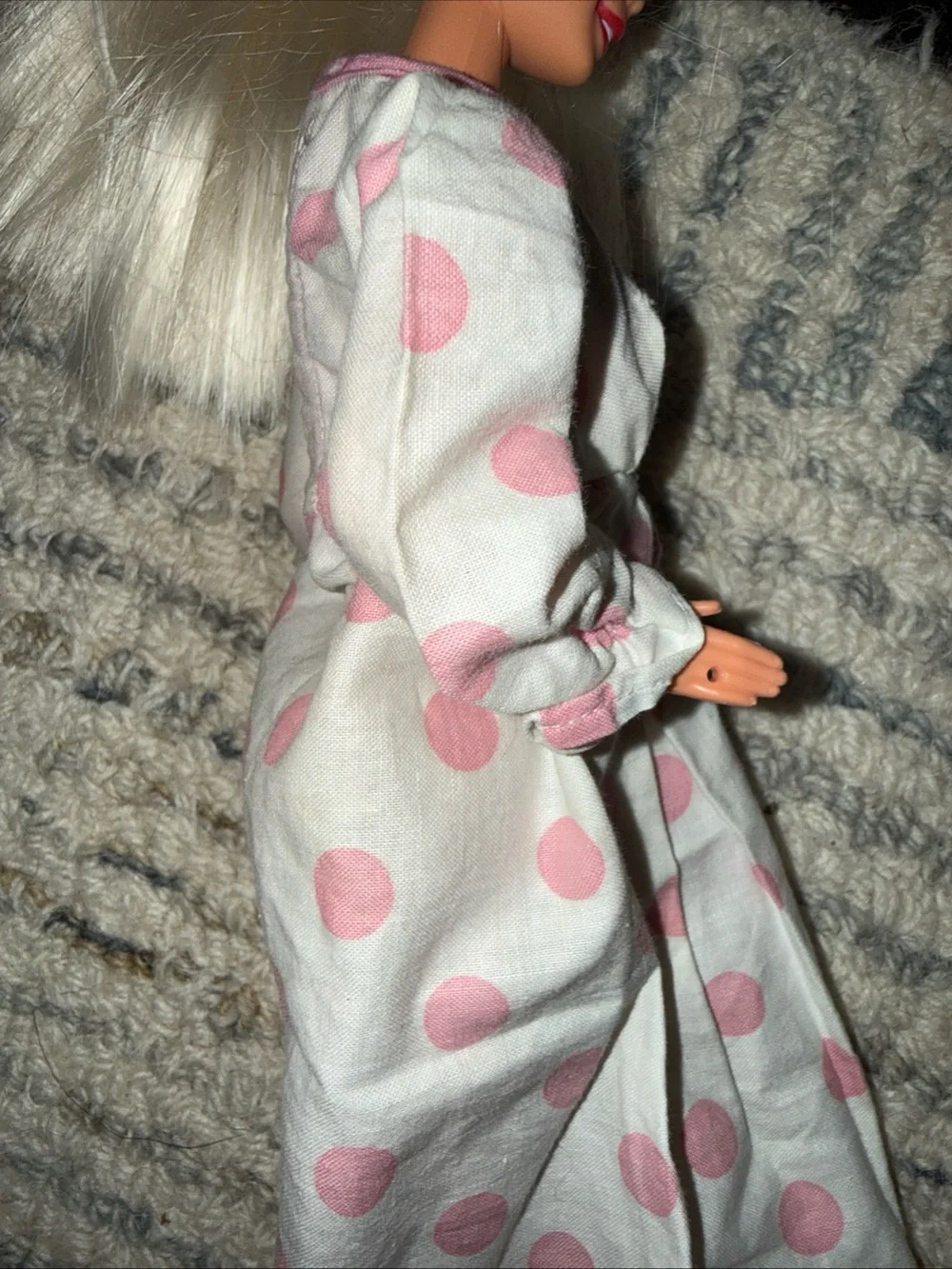 Barbie vintage white long sleeve pink polka dot dress and purse
